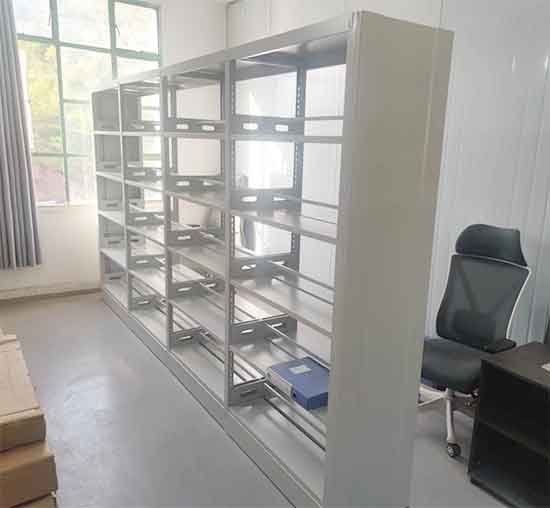 Steel library shelving units in university library