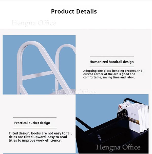 Angled bucket-style shelves for book stability and easy reading