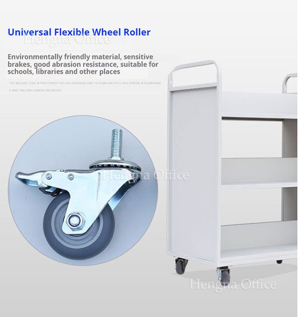 Heavy-duty silent TPR caster wheels with brakes for library book trolleys.