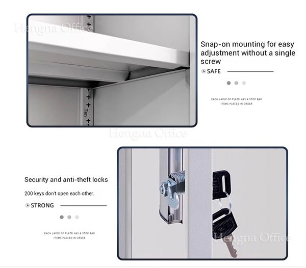 Close-up of heavy-duty security lock with keys on steel filing cabinet.
