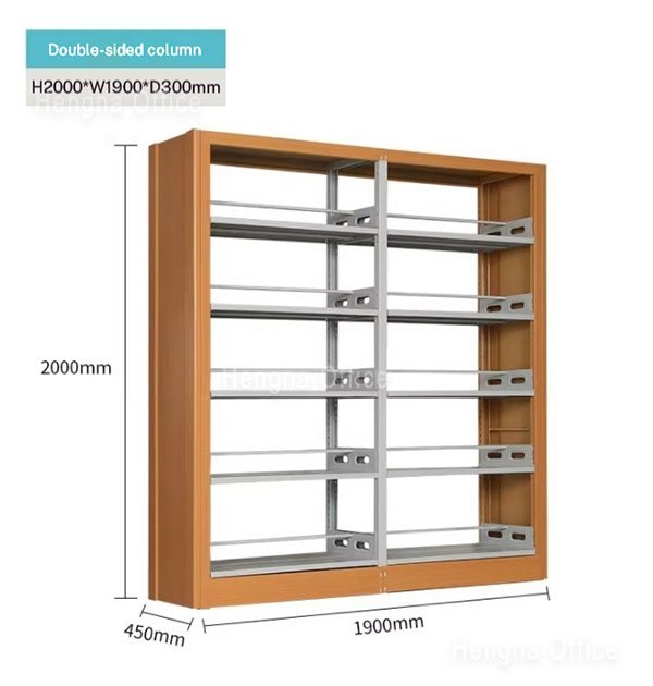 Modern Steel & Wood Hybrid Library Stacks HNSJ-26P92L: Double-Sided Shelving with Decorative Wood Side Panels