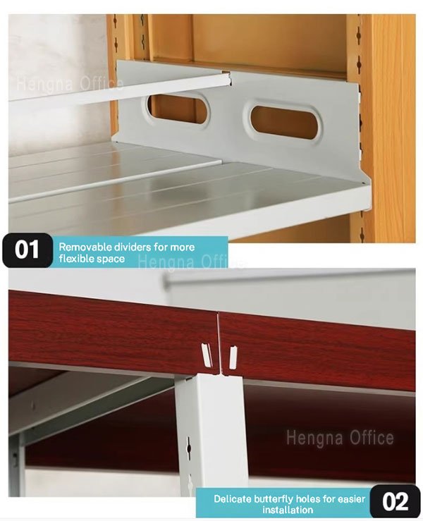 Removable metal dividers on library shelving for flexible book storage.