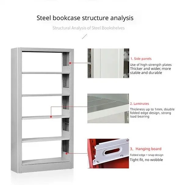Steel library shelf with double-folded edge design for enhanced safety and durability
