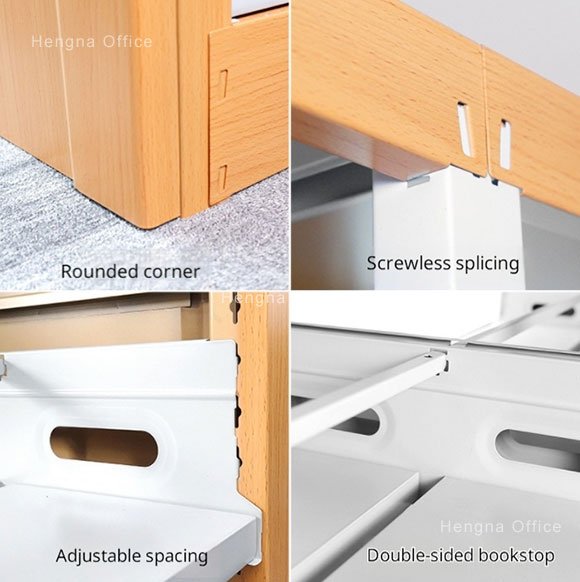 Safety rounded corners on eco-friendly wooden office bookshelf for child-safe home or office use