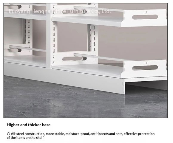 Extra weight base on light wood steel bookshelf detail