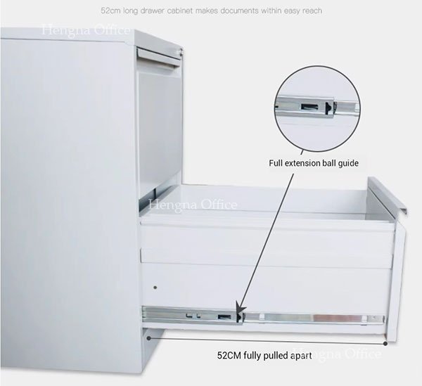 Anti-Tip Filing Cabinets: What Buyers Need to Know Before Purchasing for Schools, Clinics, and Offices Full extension drawer slide on 3-drawer filing cabinet showing 52cm pull-out depth