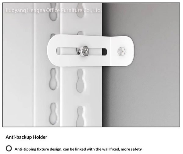 Anti-tip wall anchor bracket on steel bookshelf base