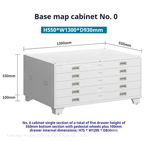 Civil Engineering Drawing Cabinet 5 Drawer A0 Steel — Designed for Road Plans, Bridge Layouts, and Site Blueprints Single section A0 flat file cabinet with 5 drawers, dimensions H550 x W1300 x D930mm, white powder-coated steel construction
