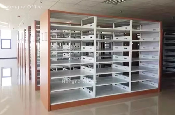 steel library shelving archive facility Low-Height Anti-Tipping Steel Bookcase for Classrooms — 3-Tier Kid-Safe Shelf, School Safety Rated